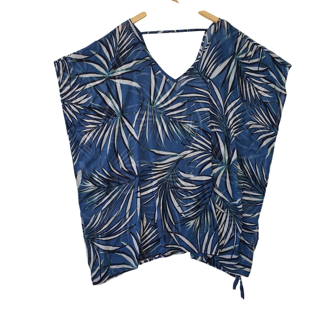 Swim Cover Up Women One Size Blue Tropical Palm Leaf Kaftan Vacation Beach Boho - Picture 1 of 4